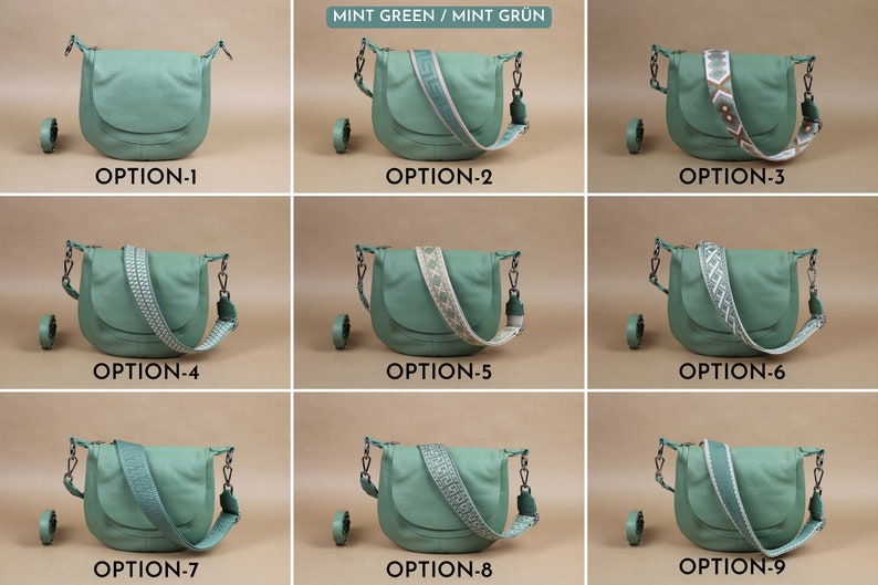 Sac à bandoulière en cuir pour femmes avec sangles à motifs supplémentaires, sac crossbody en cuir, sac crossbody avec différentes couleurs, cadeau pour elle Mint Green