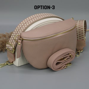 Rose Leder Bauchtasche für Frauen mit goldenem Reißverschluss, extra gemusterte Träger, Leder Schultertasche, Crossbody Tasche mit verschiedenen Größen Bild 4