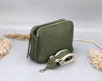 Sac à bandoulière crossbody en cuir vert kaki pour femmes avec sangles à motifs supplémentaires, sac à bandoulière en cuir, sac crossbody avec différentes couleurs