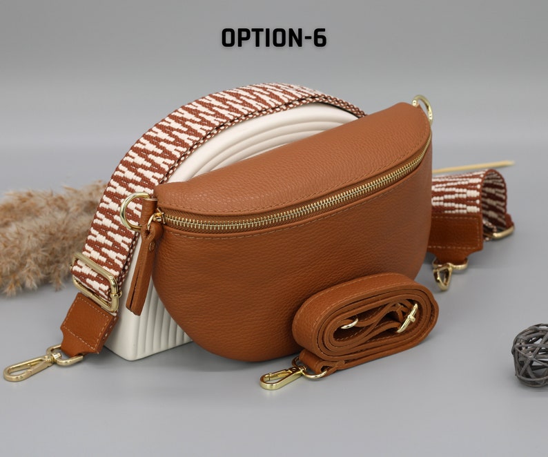 Sac de ventre en cuir doré brun cognac pour femmes avec sangles à motifs supplémentaires, sac à bandoulière en cuir, sac crossbody de différentes tailles Option-6