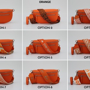 Medium Size Leather Belly Bag for Women with extra Patterned Straps, Leather Shoulder Bag with Zippered Pockets, Crossbody Bag Orange