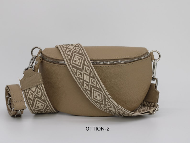 Taupe Leder Bauchtasche für Frauen mit extra gemusterten Trägern, Leder Schultertasche, Crossbody Tasche mit verschiedenen Größen Option-2