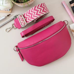Pink Leather Belly Bag for Women with extra Patterned Straps, Leather Shoulder Bag, Crossbody Bag with Different Sizes, gift for her