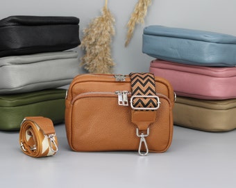 Leather Bag for Women with Patterned wide Straps, Leather Shoulder Bag, Crossbody Bag with Different Colors