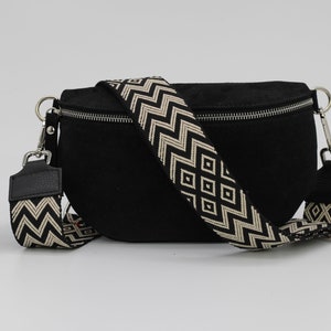 Wildleder Schwarze Leder Bauchtasche für Frauen mit extra gemusterten Riemen, Leder Schultertasche, Crossbody Tasche mit verschiedenen Größen