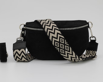 Belly Bag de piel de ante negro para mujer con correas extra estampadas, bolso de hombro de piel, bolso bandolera con diferentes tamaños