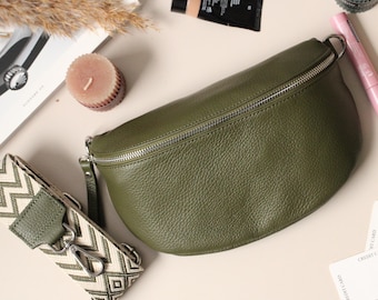Olive Green Leather Belly Bag with Patterned Straps - Crossbody Shoulder Bag