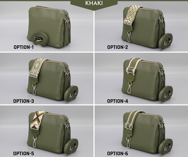 Sac à bandoulière en cuir pour femme avec bretelles à motifs supplémentaires, sac à bandoulière en cuir, sac à bandoulière de différentes couleurs Khaki Green