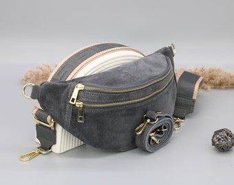 Sac ventre en cuir suédé gris pour femme avec options de sangles à motifs supplémentaires, sac à bandoulière en cuir, sac à bandoulière de différentes couleurs