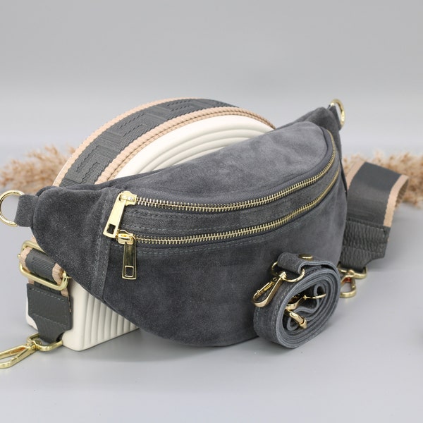 Sac ventre en cuir suédé gris pour femme avec options de sangles à motifs supplémentaires, sac à bandoulière en cuir, sac à bandoulière de différentes couleurs