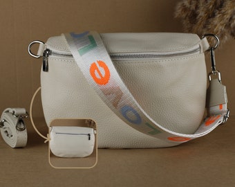 Beige Leder-Bauchtasche mit silbernen Reißverschlusstaschen, extra gemusterte Träger, Leder-Schultertasche, Crossbody-Tasche, Geschenk für sie