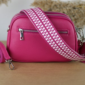 Pink Leather Shoulder Bag for Women with extra Patterned Straps, Leather Shoulder Bag, Crossbody Bag with zippered Pockets