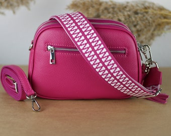 Roze leren schoudertas voor dames met extra patroonriemen, leren schoudertas, crossbodytas met zakken met ritssluiting