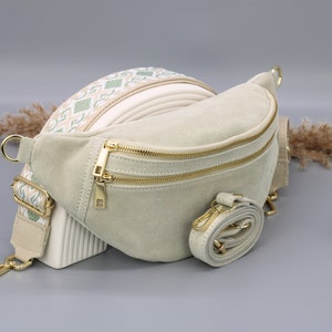 Suede Beige Leather Belly Bag for Women with extra Patterned Strap Options, Leather Shoulder Bag, Crossbody Bag with Different Colors