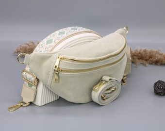 Sac ventre en cuir beige suédé pour femme avec options de sangle à motifs supplémentaires, sac à bandoulière en cuir, sac à bandoulière avec différentes couleurs