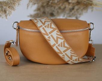 Camel Brown Leather Belly Bag for Women with extra Patterned Straps, Leather Shoulder Bag, Crossbody Bag with Different Sizes