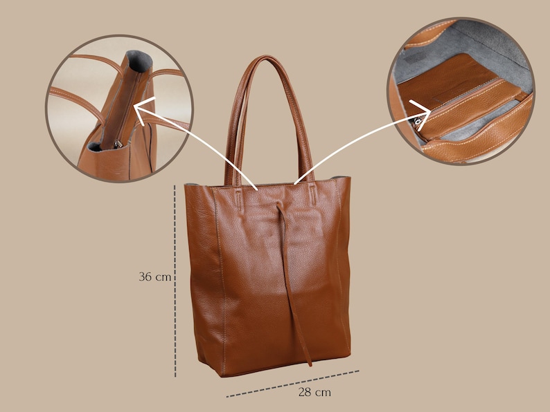 Leder Shopper Bag : Einkaufstasche mit Reißverschluss für Damen Bild 5