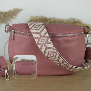 Sac ventre en cuir rose foncé avec poches zippées argentées, sangles à motifs supplémentaires, sac à bandoulière en cuir, sac à bandoulière, cadeau pour elle