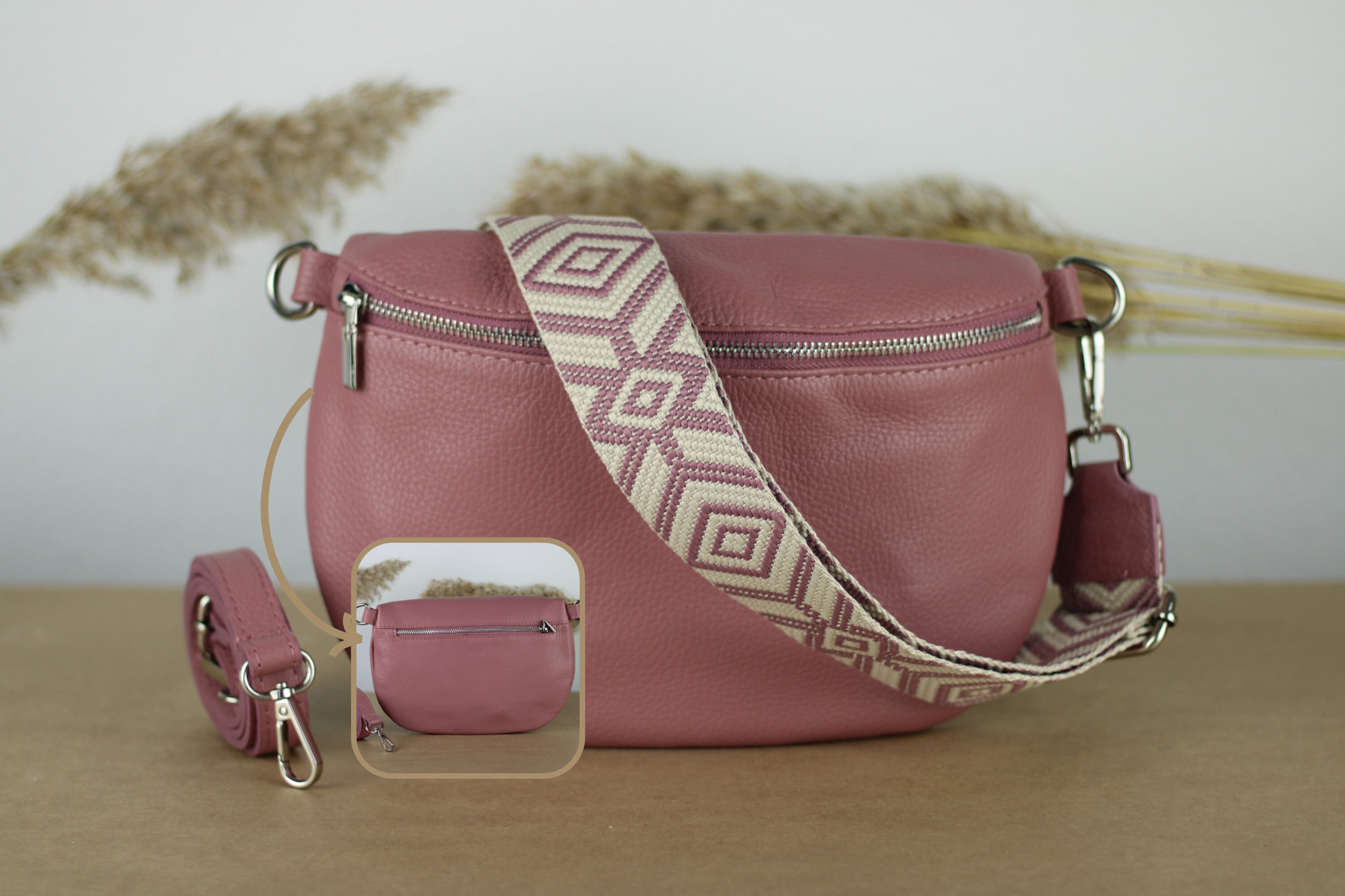 Dusky Pink Leather Belly Bag with Silver zippered pockets, extra Patterned Straps, Leather Shoulder Bag, Crossbody Bag, gift for her