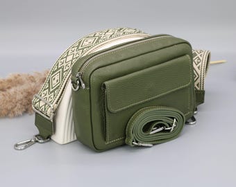 Leather Crossbody Bag with Patterned Strap: Adjustable Shoulder Bag