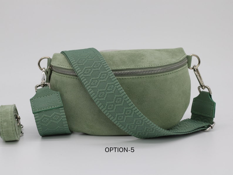 Suede Mint Green Leather Belly Bag for Women with extra Patterned Straps, Leather Shoulder Bag, Crossbody Bag with Different Sizes Option-5