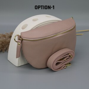 Rose Leder Bauchtasche für Frauen mit goldenem Reißverschluss, extra gemusterte Träger, Leder Schultertasche, Crossbody Tasche mit verschiedenen Größen Option-1