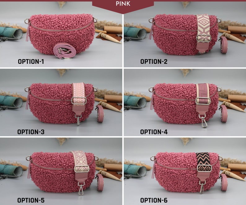 Teddy Bag for Women with silver zipper, Medium size Teddy Fell Bag with patterned wide straps, Gift for her, Christmas gift Pink