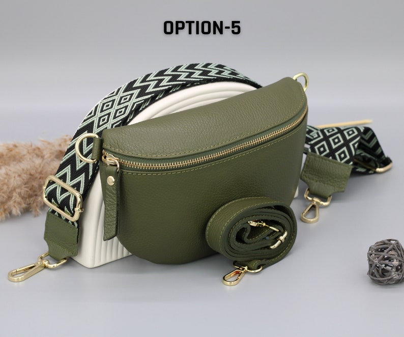 Khaki Olive Green Gold Leather Belly Bag for Women with extra Patterned Straps, Leather Shoulder Bag, Crossbody Bag with Different Sizes Option-5