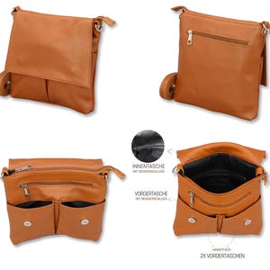 Peut inclure: Sac bandouli&egrave;re en cuir marron clair avec fermeture &agrave; rabat et bandouli&egrave;re r&eacute;glable. Le sac comporte plusieurs compartiments, dont deux poches avant et une poche int&eacute;rieure zipp&eacute;e. Le sac est pr&eacute;sent&eacute; sous plusieurs angles.