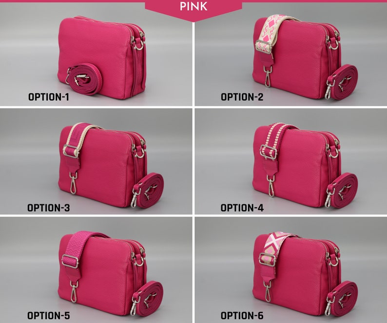 Leren Crossbody schoudertas voor dames met extra patroonriemen, leren schoudertas, Crossbody tas met verschillende kleuren Pink