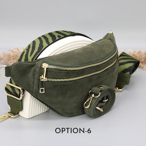 Sac de ventre en cuir suédé vert kaki pour femmes avec options de sangle à motifs supplémentaires, sac à bandoulière en cuir, sac crossbody avec différentes couleurs Option-6