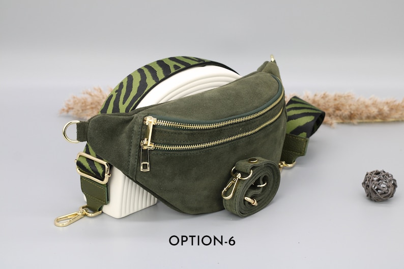 Sac de ventre en cuir suédé vert kaki pour femmes avec options de sangle à motifs supplémentaires, sac à bandoulière en cuir, sac crossbody avec différentes couleurs Option-6