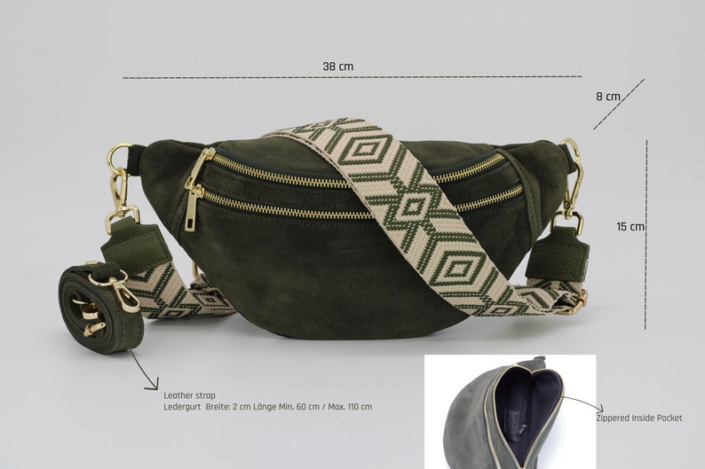Sac de ventre en cuir suédé vert kaki pour femmes avec options de sangle à motifs supplémentaires, sac à bandoulière en cuir, sac crossbody avec différentes couleurs image 9