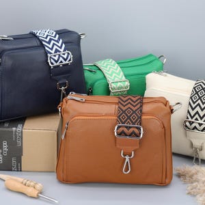 Leather Crossbody Bag: Women's Shoulder Bag with Patterned Straps