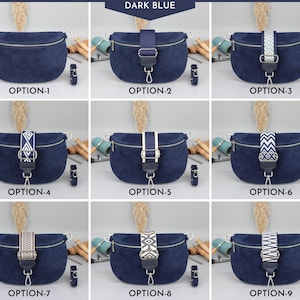 Sac en daim pour femme avec poches zippées, sac à bandoulière en cuir, options de sangles à motifs supplémentaires, cadeau de Noël Dark Blue