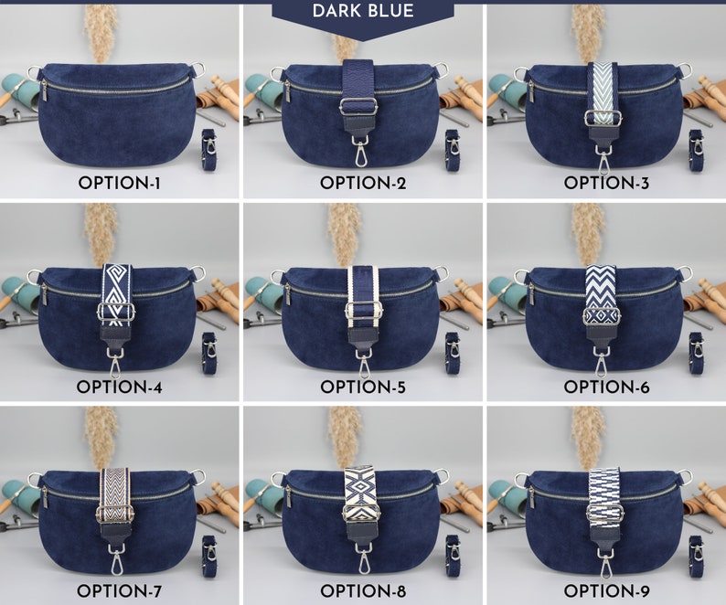 Sac en daim pour femme avec poches zippées, sac à bandoulière en cuir, options de sangles à motifs supplémentaires, cadeau de Noël Dark Blue