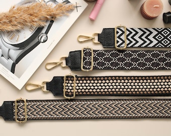 Black Leather Bag Strap: Wide Shoulder Strap with GOLD Hardware