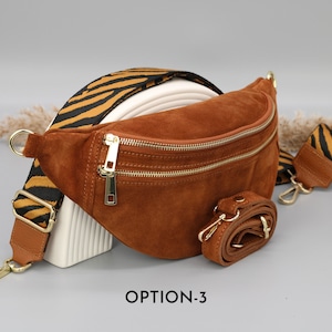 Sac de ventre en cuir en daim brun cognac pour femmes avec options de sangle à motifs supplémentaires, sac à bandoulière en cuir, sac crossbody avec différentes couleurs Option-3