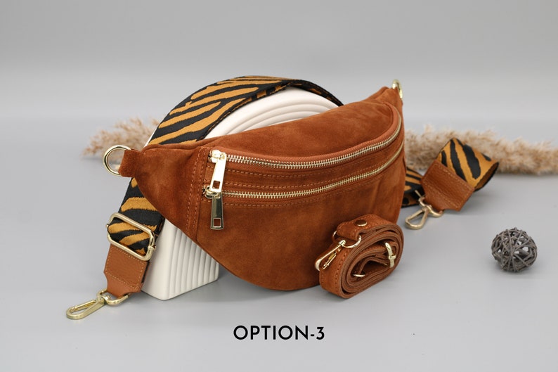 Sac de ventre en cuir en daim brun cognac pour femmes avec options de sangle à motifs supplémentaires, sac à bandoulière en cuir, sac crossbody avec différentes couleurs Option-3