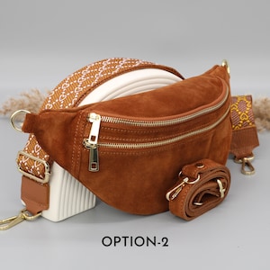 Sac de ventre en cuir en daim brun cognac pour femmes avec options de sangle à motifs supplémentaires, sac à bandoulière en cuir, sac crossbody avec différentes couleurs Option-2