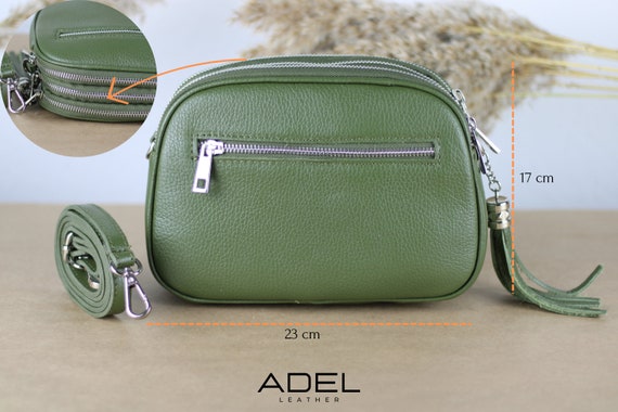 Green Khaki Leather Shoulder Bag for Women With Extra