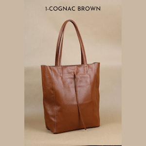 Leder Shopper Tasche, Frauen Schultertasche, große Beuteltasche, Tragetasche mit Reißverschluss, Geschenk für Sie 1- Cognac Brown