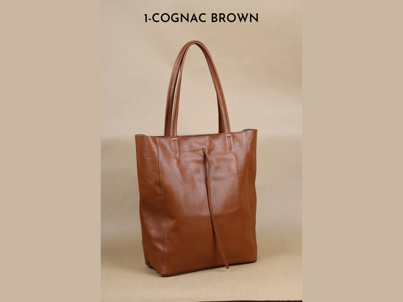 Leren shoppertas, damesschoudertas, grote buideltas, draagtas met ritssluiting, cadeau voor haar 1- Cognac Brown