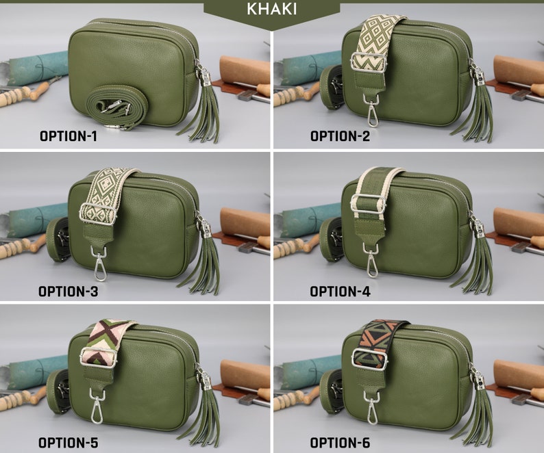 Leder Crossbody Schultertasche für Frauen mit extra gemusterten Riemen, Leder Schultertasche, Crossbody Bag mit verschiedenen Farben Khaki Green