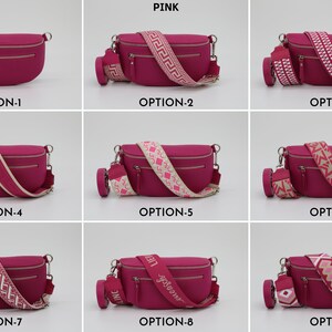 Medium Size Leather Belly Bag for Women with extra Patterned Straps, Leather Shoulder Bag with Zippered Pockets, Crossbody Bag Pink