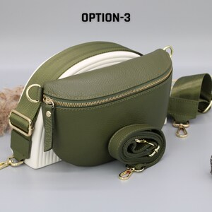 Khaki Olive Green Gold Leather Belly Bag for Women with extra Patterned Straps, Leather Shoulder Bag, Crossbody Bag with Different Sizes Option-3