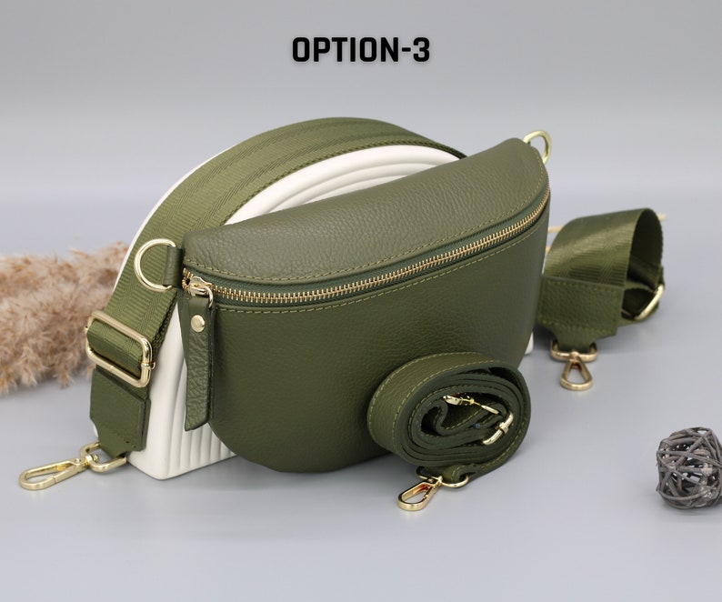 Khaki Olive Green Gold Leather Belly Bag for Women with extra Patterned Straps, Leather Shoulder Bag, Crossbody Bag with Different Sizes Option-3
