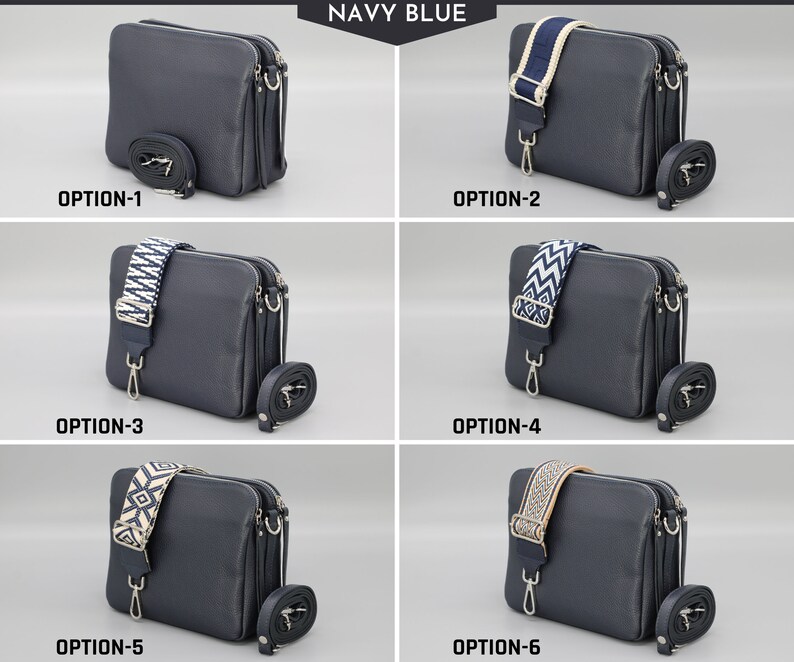 Bolso bandolera de cuero para mujer con correas extra estampadas, bolso bandolera de cuero, bolso bandolera con diferentes colores Navy Blue