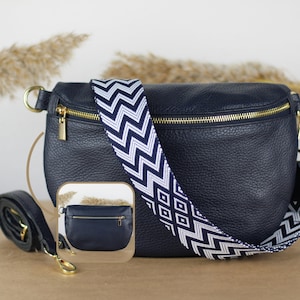Mittelgroße Marineblau Goldleder Bauchtasche mit Reißverschlusstaschen, extra gemusterte Riemen, Leder Umhängetasche, Umhängetasche