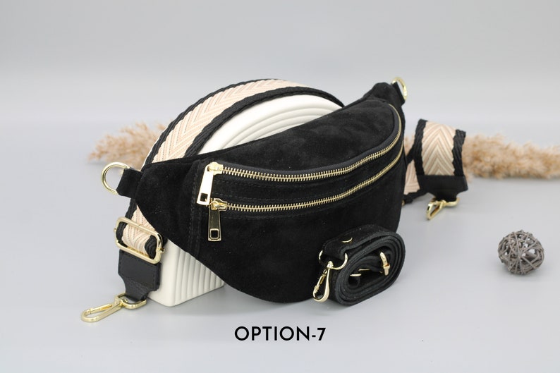 Sac de ventre en cuir suédé noir pour femmes avec options de sangle à motifs supplémentaires, sac à bandoulière en cuir, sac crossbody avec différentes couleurs Option-7